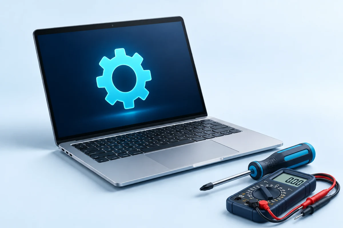 Laptop con herramientas de diagnóstico y multímetro digital